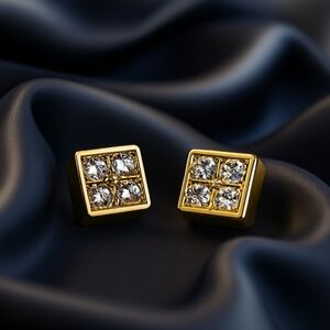 Gold Square Stud Earrings with Clear Gemstone Grid – Classic Elegant Jewelry